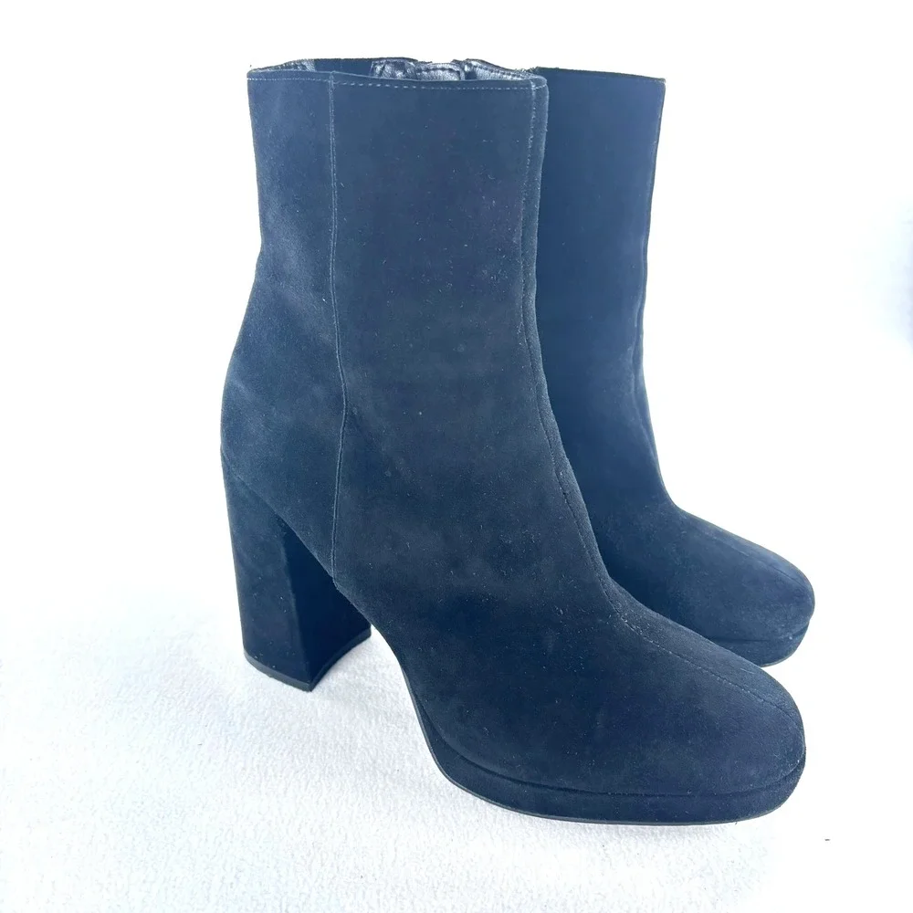 Steve‎ Madden Black Suede Boots Sz 10 Block Heel Ankle Zip 90s Whimsigoth Goth